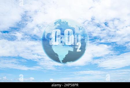 CO2 in globe map on blue sky. Greenhouse gas. Carbon dioxide gas global air climate pollution. Environment issue. Carbon dioxide in the air acting Stock Photo