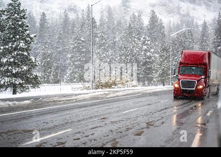 Red big rig industrial semi truck transporting cargo in dry van semi trailer running on the wet turning road with winter forest at snowing weather dur Stock Photo