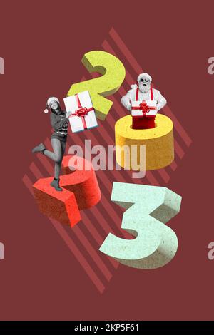 Exclusive magazine picture sketch collage image of smiling santa assistant packing xmas gifts isolated painting background Stock Photo