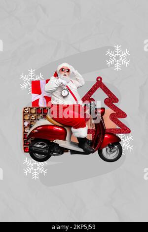 Creative 3d photo artwork graphics collage of impressed santa holding clock delivering x-mas gifts isolated drawing background Stock Photo