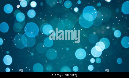 Blue - green teal color bokeh lights with snow texture. Christmas and winter holidays cool fresh background Stock Photo