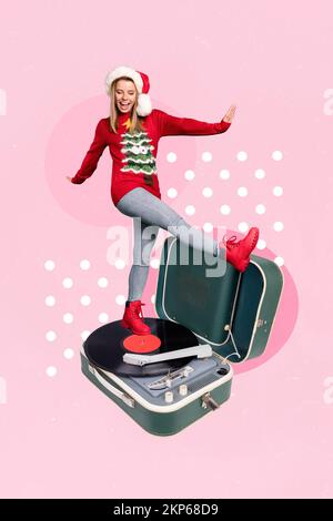 Vertical collage portrait of cheerful mini girl stand big vinyl record player dancing rejoice isolated on painted background Stock Photo