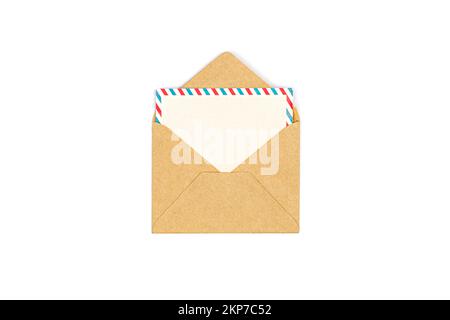 Craft paper envelope with blank letter isolated on white background. Stock Photo
