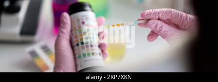 Clever scientist hold litmus test paper for soil analysis, papers show acidity Stock Photo