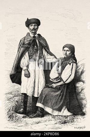 Farmers from the Sebes Koros river valley, Romania. Europe. Travel to the mining regions of western Transylvania by Jacques Elisee Reclus, 1873 Stock Photo