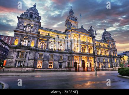 Glasgow City Chambers and George Square at dramatic sunrise, Scotland - UK Stock Photo