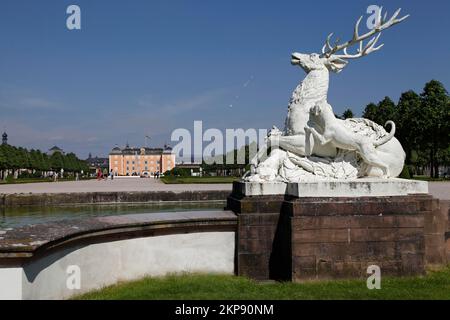 Palace garden, palace park, deer sculpture, fountain, Schwetzingen, Baden-Württemberg, Germany, Europe Stock Photo