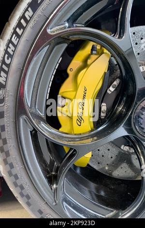 Detail of yellow brake caliper of limited edition 500 pieces Italian sports car Alfa Romeo Giulia GTAm, Germany, Europe Stock Photo