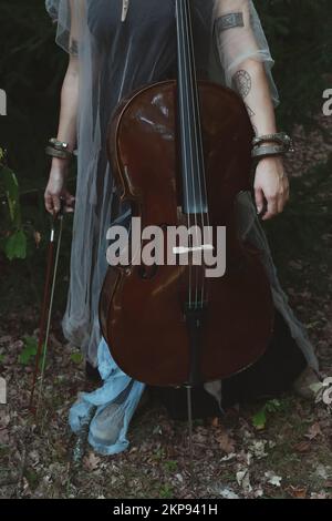 Close up lady and violoncello concept photo Stock Photo