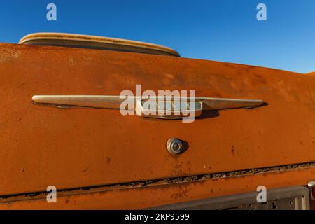 The vintage old beautiful Opel Rekord car stay on the dump Stock Photo