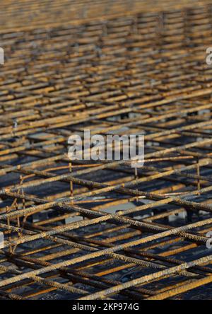 Steel reinforcement / reinforcement mesh of a floor slab, portrait format Stock Photo