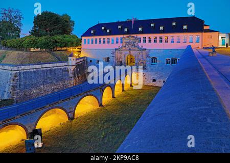 Petersberg Citadel, city fortress, access bridge with Peter's Gate and Commandant's House in the evening, Erfurt, Thuringia, Germany, Europe Stock Photo