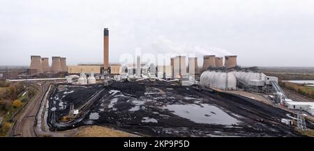 DRAX POWER STATION, UK - NOVEMBER 27, 2022.  An aerial view of the depleted coal stock of Drax Power Station near Selby in North Yorkshire generating Stock Photo