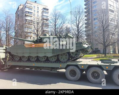 Saint Petersburg, Russia 04.30.2021 - military equipment, tank on street. Preparations of military vehicles for the celebration of anniversary of vict Stock Photo