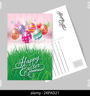 Template Greeting Card with Hanging Easter Eggs with Different Ornaments for the Organization of Festive Season Stock Vector