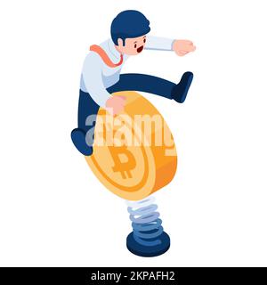 Flat 3d Isometric Business Riding on Unstable Bitcoin with Spring. Cryptocurrency Investor and Bitcoin Concept. Stock Vector