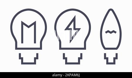 Incandescent lamp, light bulbs line icons. Creative idea. Candle-shaped lamp. Flat vector illustration isolated on white background. Stock Vector