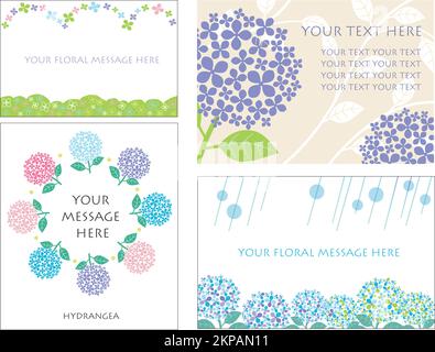 Vector greeting card template set with hydrangeas isolated on a white background. Stock Vector