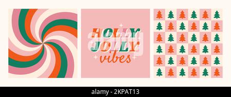 Christmas hippie retro 70s background collection. Holly Jolly Vibes phrase with twirl and checkered wallpapers. Vector illustration Stock Vector