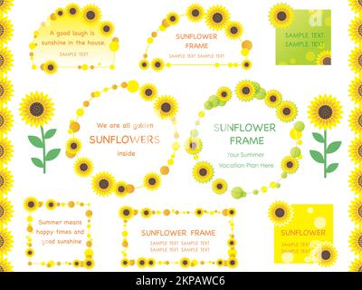Set of sunflower frames, borders, tags, and backgrounds. Vector illustration isolated on white background. Stock Vector