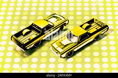 Elevated perspective on two miniature model '72 Ford Ranchero cars on polkadot green platform Stock Photo