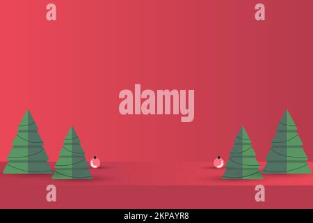 green christmas tree on red paper art abstract background with sky and line design for Merry christmas, poster card, banners, gift card, christmas Stock Vector