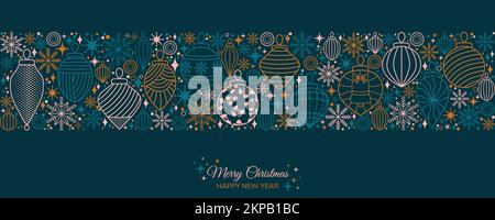 Merry Christmas and Happy New Year Horizontal Banner Design. Geometric Christmas tree ornaments and snowflakes pattern vector illustration. Website Stock Vector