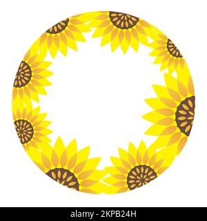 Round sunflower frame isolated on white background. Vector illustration. Stock Vector