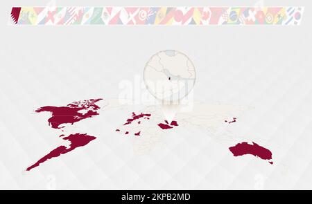 Enlarge the map of Qatar selected on the perspective world map, Infographics about the participants in soccer tournament. Vector illustration. Stock Vector