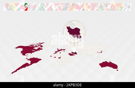 Enlarge the map of Iran selected on the perspective world map, Infographics about the participants in soccer tournament. Vector illustration. Stock Vector