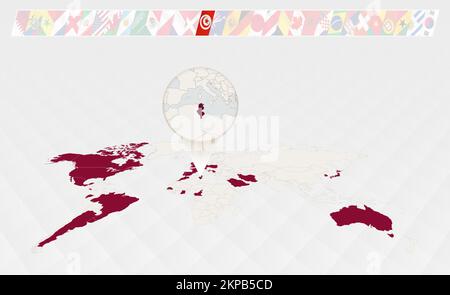 Enlarge the map of Tunisia selected on the perspective world map, Infographics about the participants in soccer tournament. Vector illustration. Stock Vector