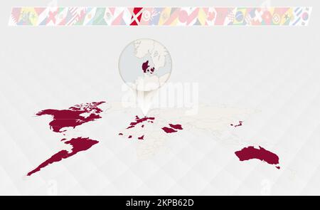 Enlarge the map of Denmark selected on the perspective world map, Infographics about the participants in soccer tournament. Vector illustration. Stock Vector