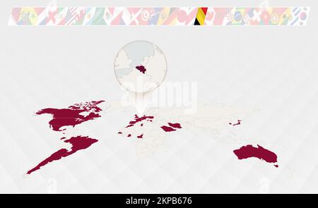 Enlarge the map of Belgium selected on the perspective world map, Infographics about the participants in soccer tournament. Vector illustration. Stock Vector