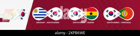 South Korea national team matches in group H, football competition 2022, all games icon in group stage. Stock Vector