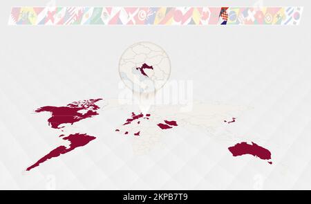 Enlarge the map of Croatia selected on the perspective world map, Infographics about the participants in soccer tournament. Vector illustration. Stock Vector