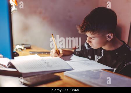 Young diligent Caucasian boy doing homework at evening Stock Photo