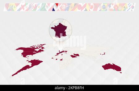 Enlarge the map of France selected on the perspective world map, Infographics about the participants in soccer tournament. Vector illustration. Stock Vector