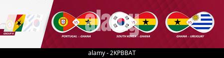 Ghana national team matches in group H, football competition 2022, all games icon in group stage. Stock Vector