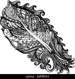 Zentangle Stylized Feather. Hand Drawn Ethnic Ornamental Patterned Feather in Doodle, Zentangle Style. Coloring Book Page for Adults - Zendala, Design Stock Vector