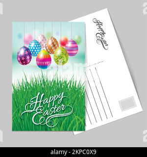 Template Greeting Card with Eggs on a String. Lettering, calligraphy. Handwriting inscription Happy Easter Stock Vector