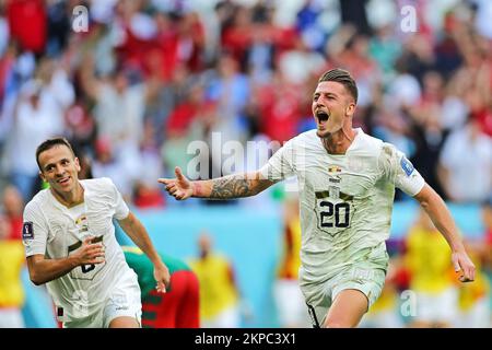 Al Wakrah, Qatar. Al Wakrah, Qatar. Sergej Milinkovic-Savic da Sérvia,  comemora o seu gol durante a partida entre Camarões e Sérvia, pela  2ª rodada do Grupo G da Copa do Mundo FIFA