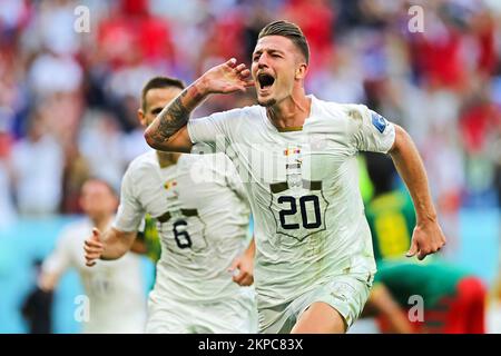 Al Wakrah, Qatar. Al Wakrah, Qatar. Sergej Milinkovic-Savic da Sérvia,  comemora o seu gol durante a partida entre Camarões e Sérvia, pela  2ª rodada do Grupo G da Copa do Mundo FIFA