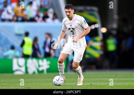 Al Wakrah, Qatar. 28th Nov, 2022. AL WAKRAH, QATAR - NOVEMBER 28: Milos Veljkovic of Serbia runs with the ball during the Group G - FIFA World Cup Qatar 2022 match between Cameroon and Serbia at the Al Janoub Stadium on November 28, 2022 in Al Wakrah, Qatar (Photo by Pablo Morano/BSR Agency) Credit: BSR Agency/Alamy Live News Stock Photo