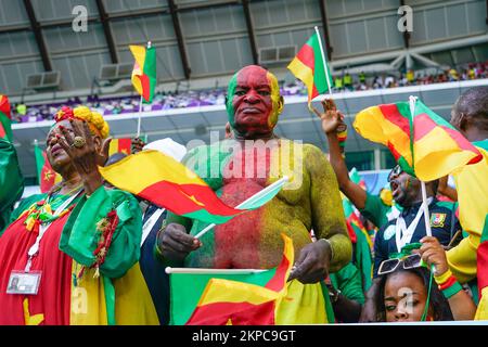 Al Wakrah, Qatar. 28th Nov, 2022. Cameroon fans during the FIFA World Cup, Qatar. , . in Al Wakrah, Qatar. (Photo by Bagu Blanco/PRESSIN) Credit: PRESSINPHOTO SPORTS AGENCY/Alamy Live News Stock Photo