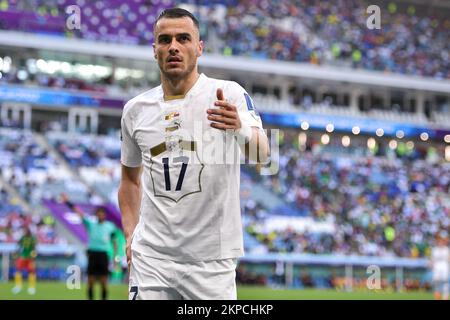 Al Wakrah, Qatar. 28th Nov, 2022. AL WAKRAH, QATAR - NOVEMBER 28: Filip Kostic of Serbia reacts during the Group G - FIFA World Cup Qatar 2022 match between Cameroon and Serbia at the Al Janoub Stadium on November 28, 2022 in Al Wakrah, Qatar (Photo by Pablo Morano/BSR Agency) Credit: BSR Agency/Alamy Live News Stock Photo