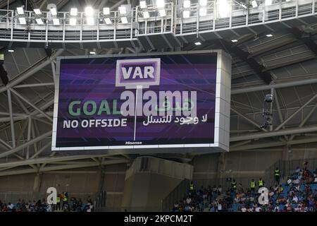A big screen in the ground displays a goal for Cameroon after a VAR check for offside during the FIFA World Cup Group G match at the Al Janoub Stadium in Al Wakrah, Qatar. Picture date: Monday November 28, 2022. Stock Photo