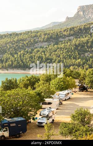 Camping le Galetas,Pont du Galetas,Plage du Galetas,Lac de Sainte Croix,Parc naturel regional du Verdon, Verdon Gorge,The Verdon Gorge is a river canyon located in the Provence-Alpes-Côte d'Azur region of Southeastern France. The Gorges du Verdon, the largest canyon in Europe.  The Gorges du Verdon, a must-see in Provence, France and Europe, await you and promise unforgettable memories! Considered as the French ‘Grand Canyon’.It is about 25 km long and up to 700 metres deep.August,heatwave,summer,drought,dry,river bed,riverbed,Europe,European Stock Photo