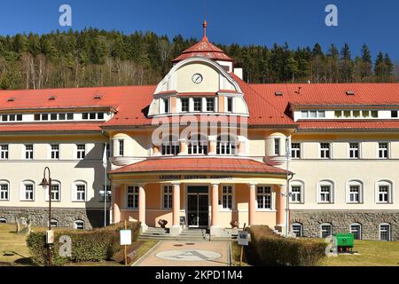 The Jachymov Spa using radon water for treatment was founded in 1906 as the first radon spa in the world. Pictured here is the Agricola Aquacentrum. Stock Photo