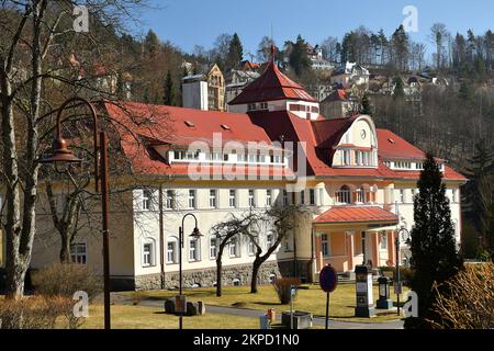 The Jachymov Spa using radon water for treatment was founded in 1906 as the first radon spa in the world. Pictured here is the Agricola Aquacentrum. Stock Photo