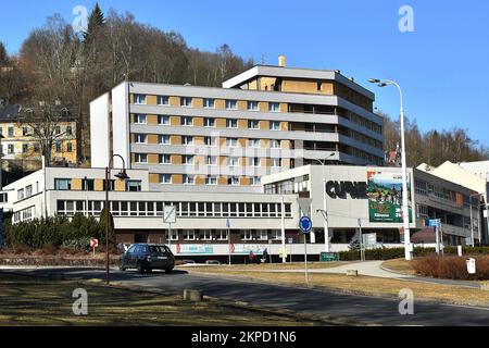 The Jachymov Spa using radon water for treatment was founded in 1906 as the first radon spa in the world. Pictured here is the Curie spa complex.  (CT Stock Photo